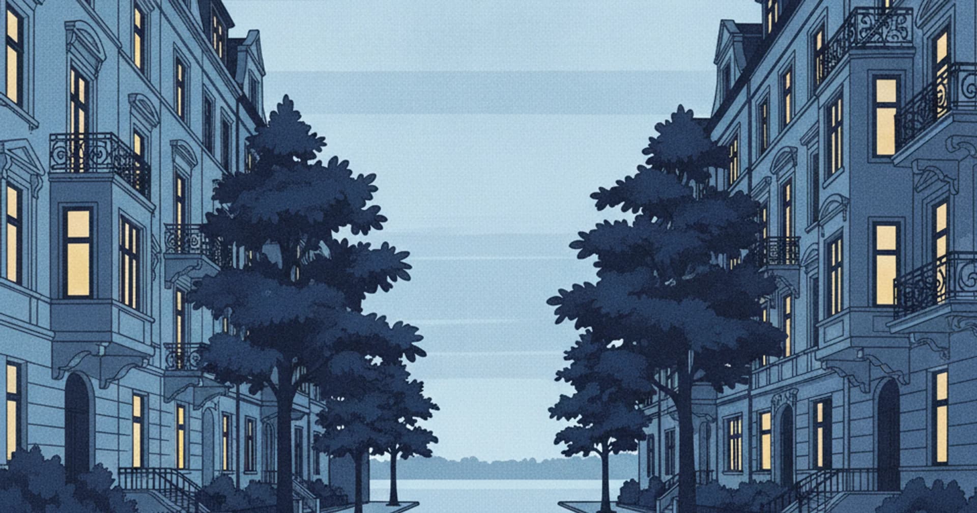 Gründerzeit-Straße in Hamburg Harvestehude mit Stuckfassaden, Erkern und Kastanien, am Ende der Straße das ruhige Wasser der Außenalster im Morgenlicht