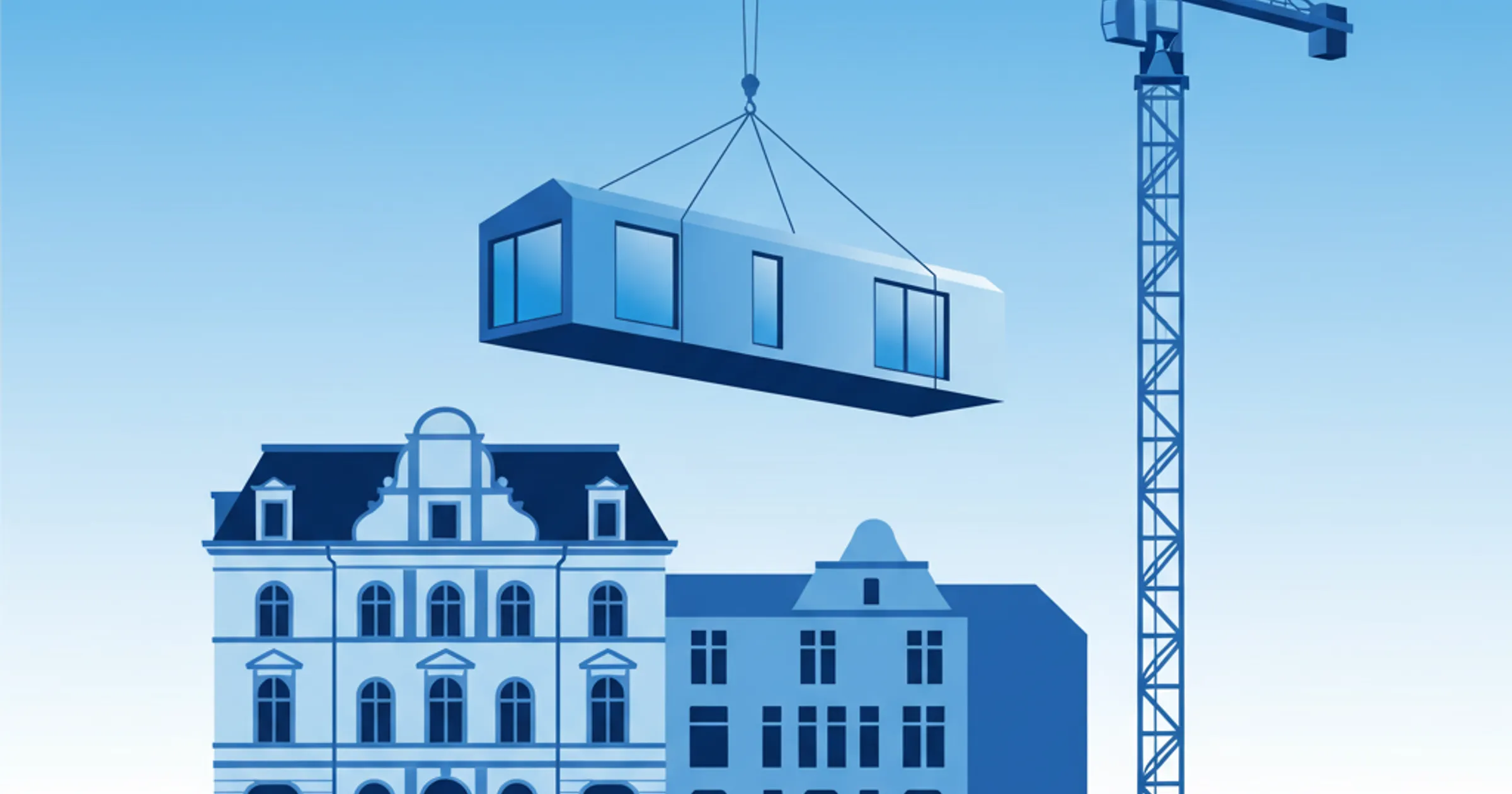 Kran hebt ein modernes Dachmodul auf einen Hamburger Gründerzeitbau, Sinnbild für Aufstockung und die HBauO 2026
