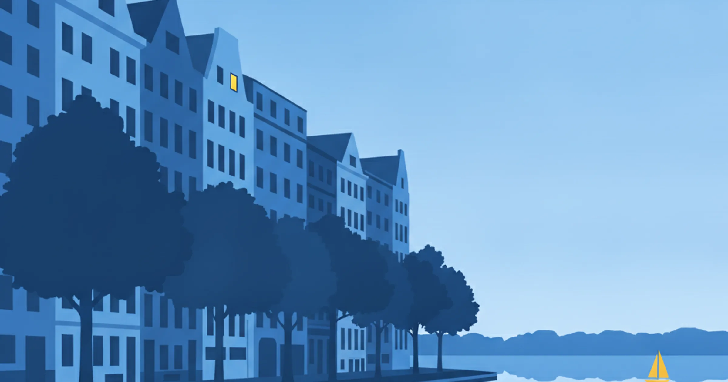 Hamburger Gründerzeitfassaden an der Außenalster im Sommerlicht, davor eine Reihe alter Straßenbäume in vollem Laub, rechts die offene Wasserfläche