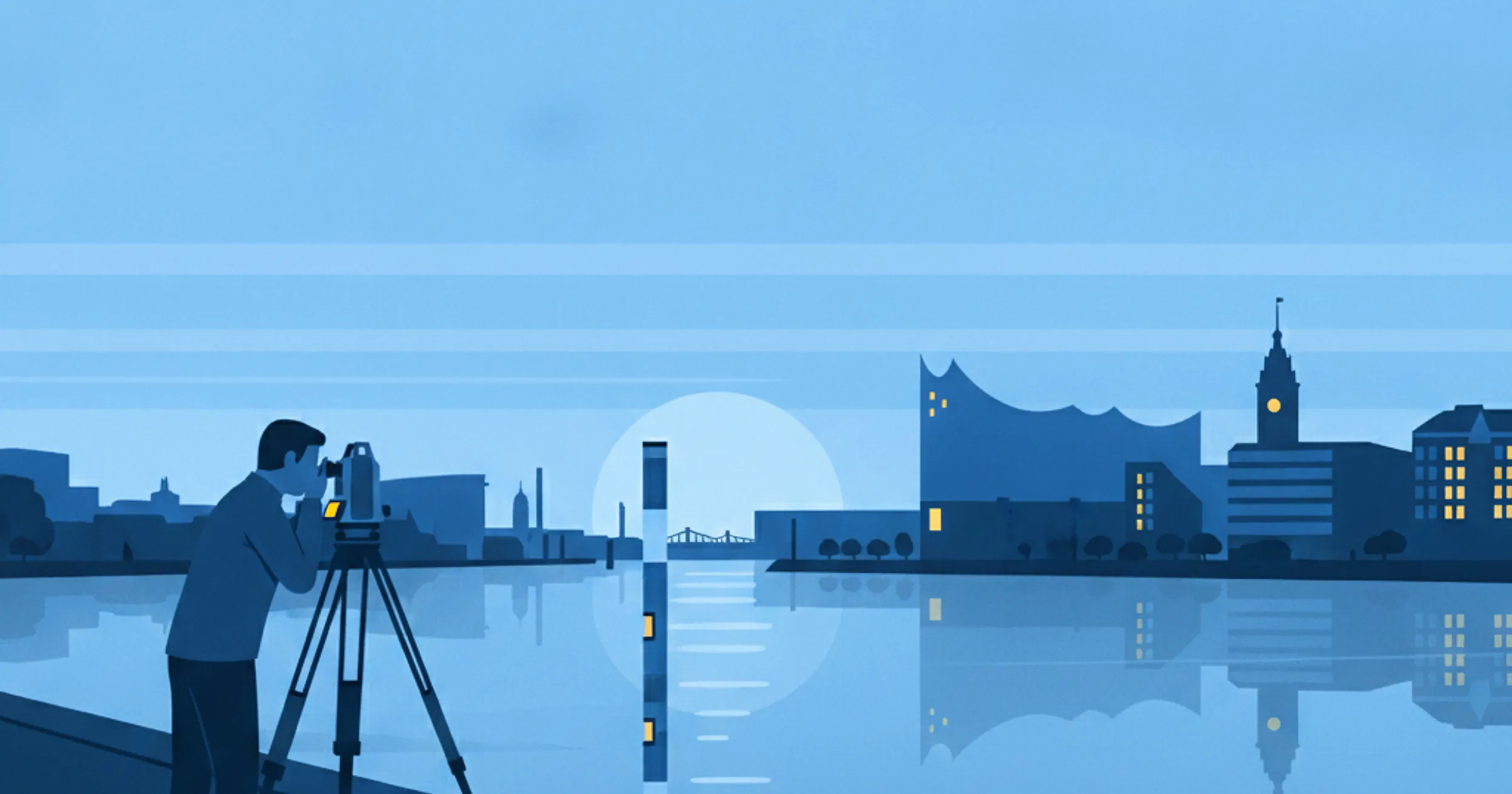 Vermesser mit Nivelliergerät am Elbufer im Morgenlicht, gegenüber die Hamburger Hafensilhouette mit Elbphilharmonie, im Wasser eine Pegellatte