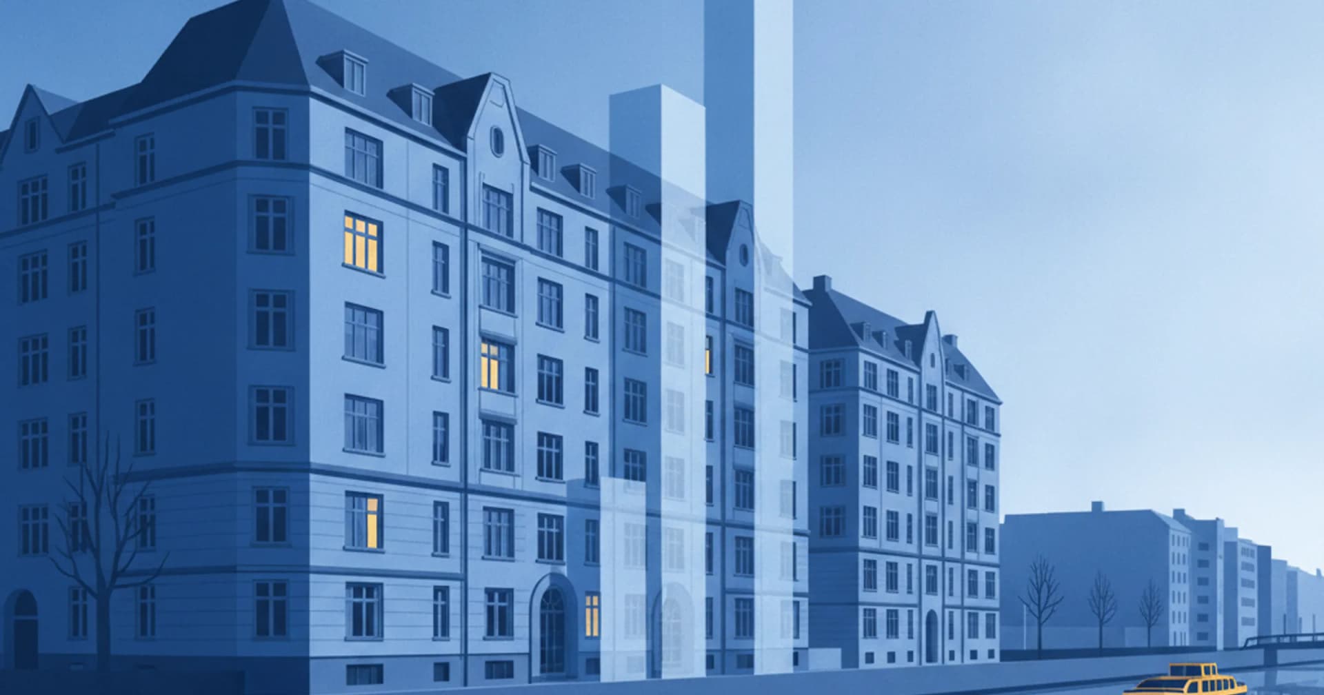 Hamburger Altbauzeile im Blau-Gold-Stil, überlagert von zwei transparenten Balken unterschiedlicher Höhe als Bild zweier Zeiträume der Wertentwicklung