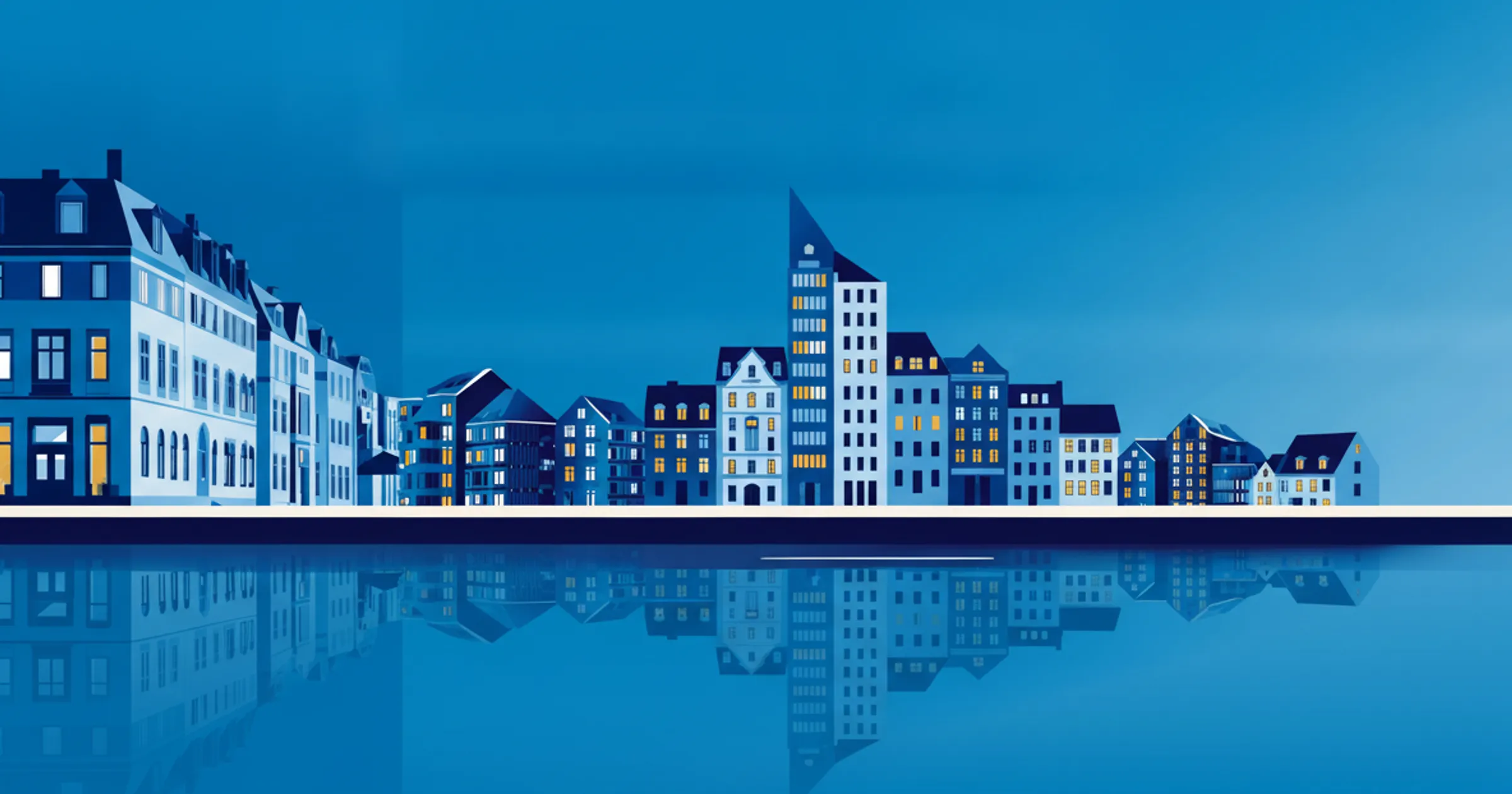 Hamburger Häuserzeile am Wasser in der blauen Stunde, erleuchtete Fenster und Spiegelung der Fassaden