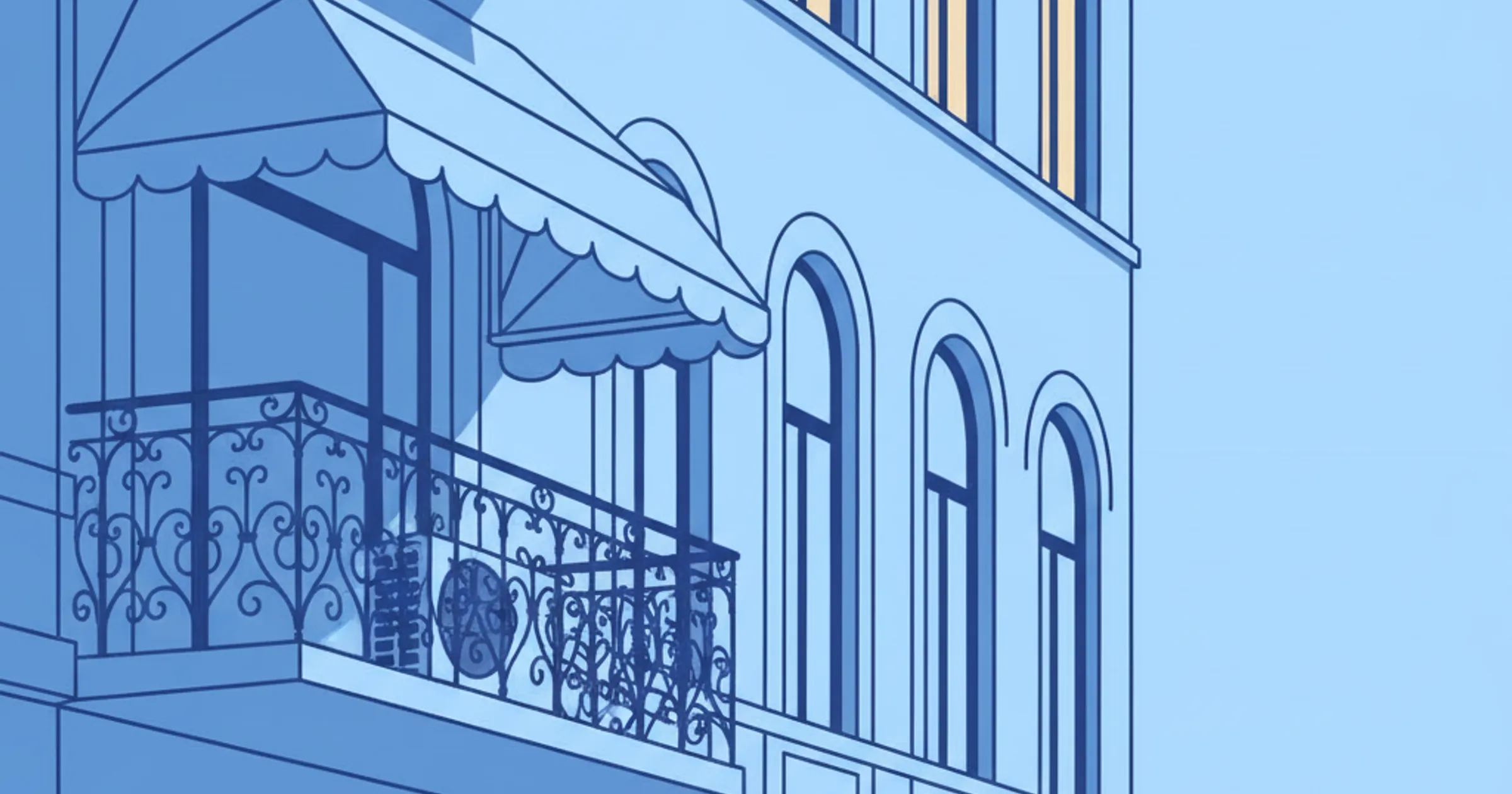 Unauffälliges Klimagerät hinter schmiedeeisernem Balkongeländer und klassischer Markise an sonniger Hamburger Gründerzeitfassade