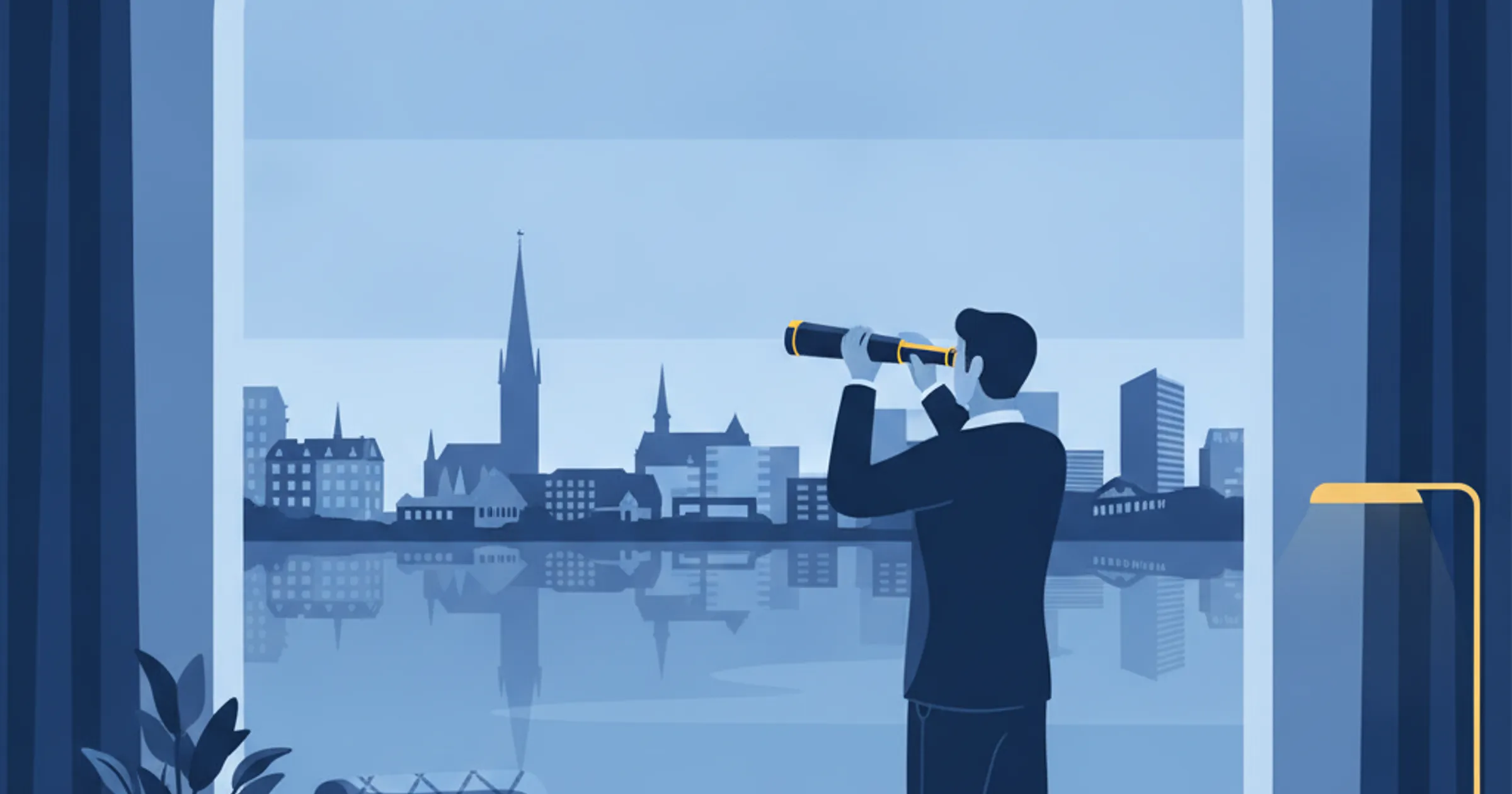 Figur von hinten beobachtet die ruhige Außenalster mit einem Fernrohr aus einer Gründerzeit-Wohnung mit eleganten Interieurdetails