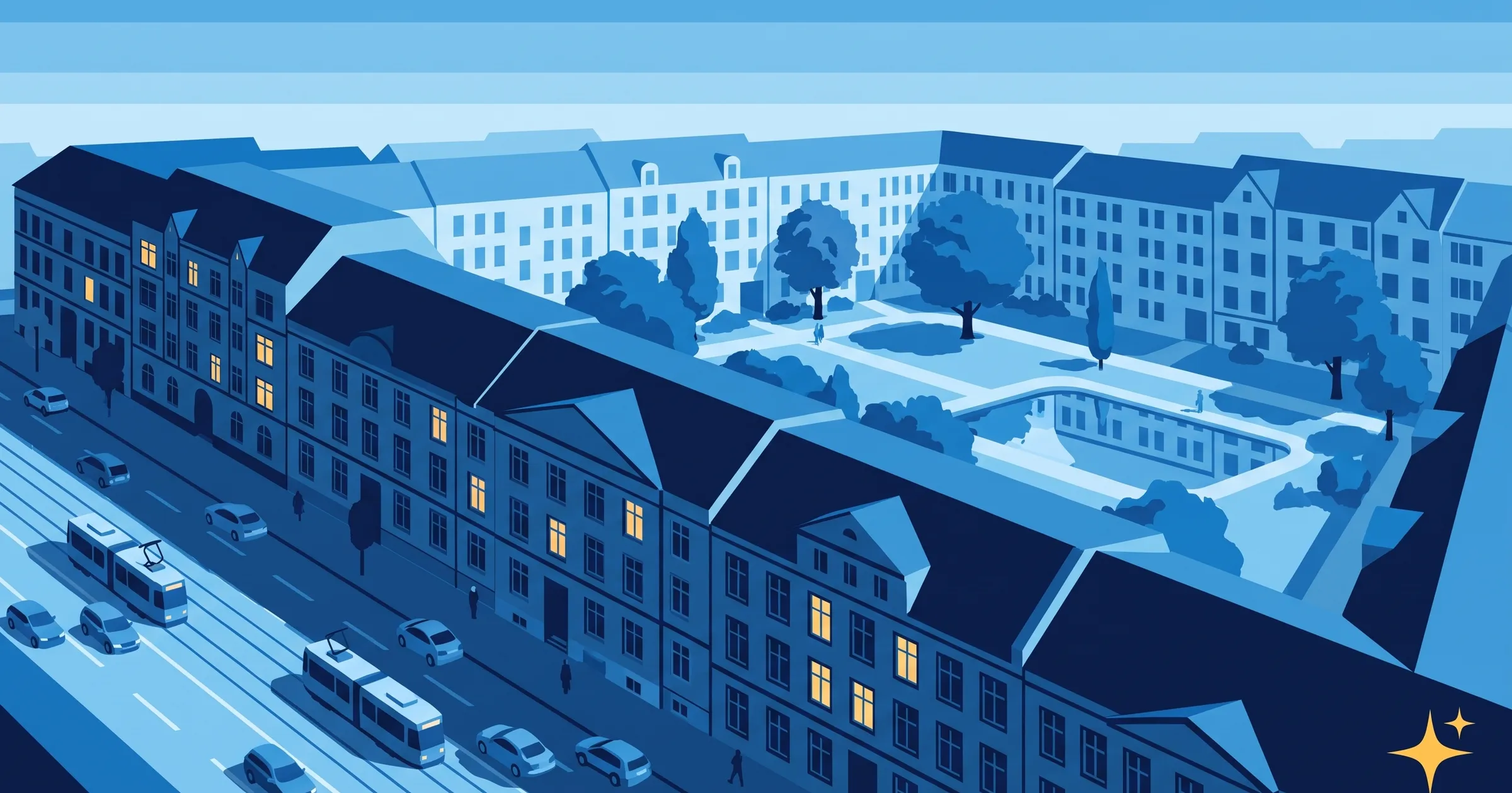 Hamburger Gründerzeitzeile am frühen Morgen, die vordere Straßenseite an einer Verkehrsachse im Schatten, dahinter der ruhige Blockinnenbereich mit alten Bäumen