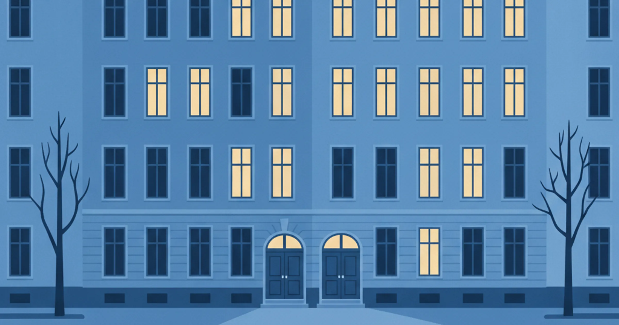 Hamburger Gründerzeitfassade in geschlossener Blockrandbebauung mit zwei nebeneinanderliegenden Rundbogen-Eingängen und einzeln erleuchteten Fenstern, Illustration zur Maklerprovision beim Verkauf eines Zweifamilienhauses