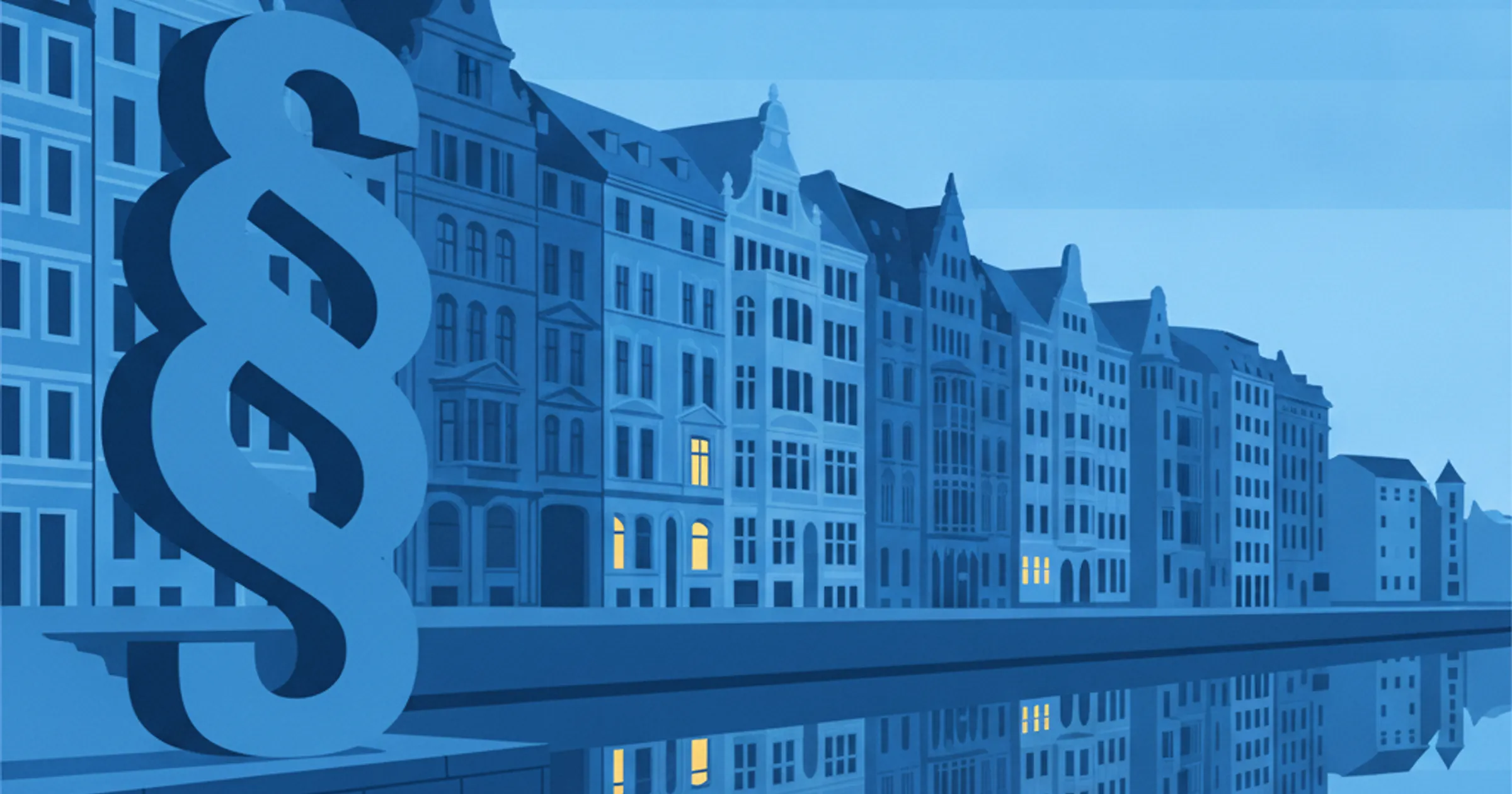 Großes Beton-Paragrafensymbol (§) an der Binnenalster vor Gründerzeit-Fassaden als Anker für den Mietenspiegel