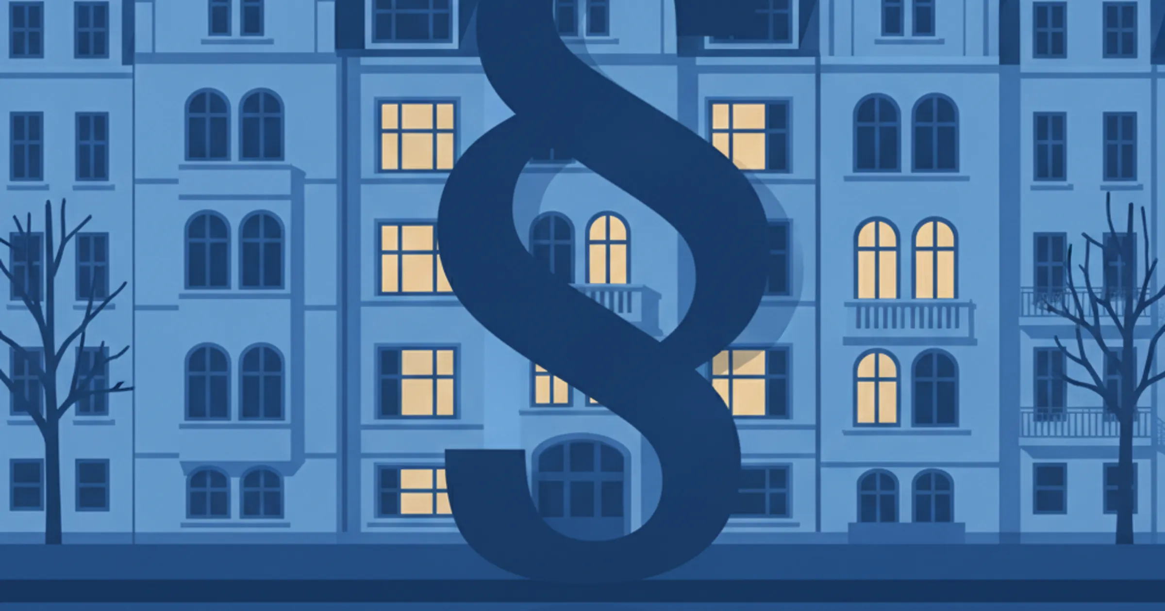 Illustration: Hamburger Gründerzeitfassade an der Alster, über die der Schatten eines Paragrafenzeichens fällt