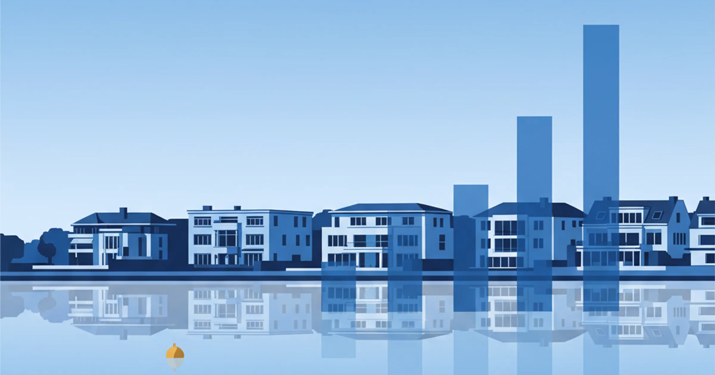 Außenalster mit Gründerzeit-Villen, aufsteigenden Balken und Wasserspiegelung, Sinnbild für die Preisspreizung in Hamburgs Premiumlagen 2026