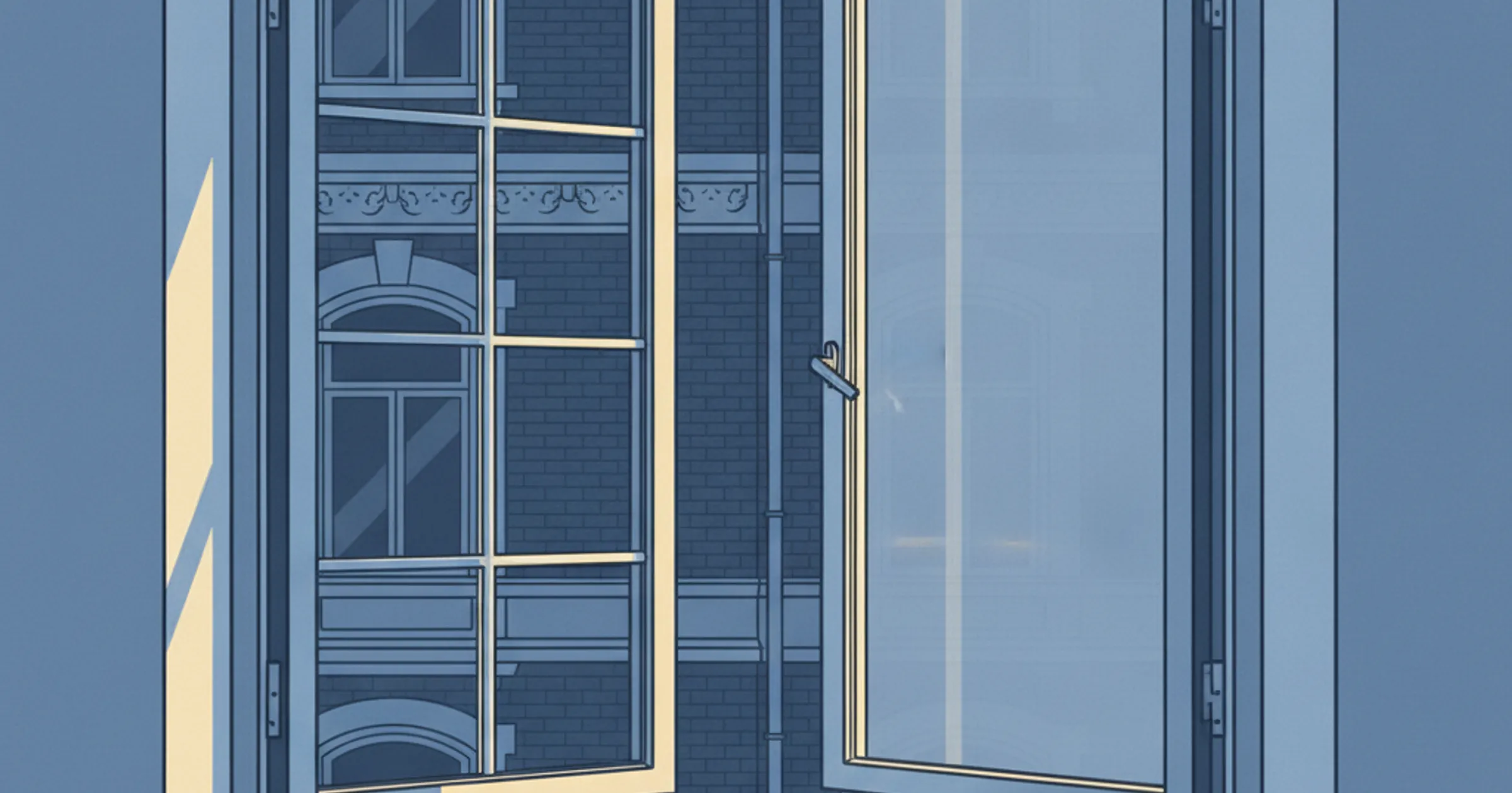 Hamburger Kastenfenster von innen, der halb geöffnete innere Flügel mit feinem Sprossenraster vor dem glatten äußeren Flügel, dahinter die Klinkerfassade des Nachbarhauses mit Stuckgesims im Vormittagslicht