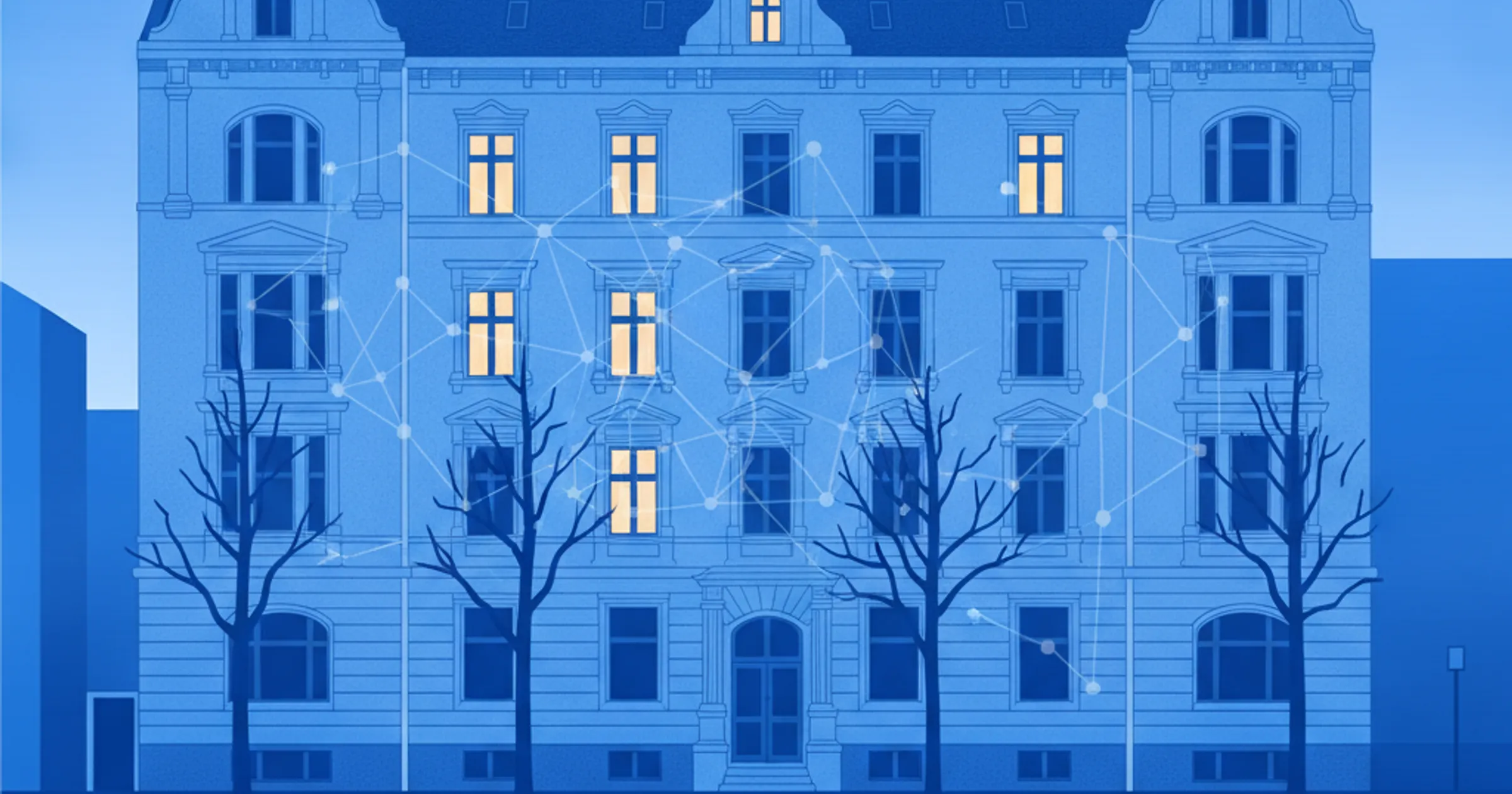 Hamburger Gründerzeitfassade mit feinem Netzmuster, Sinnbild für den Wärmeplan der Stadt