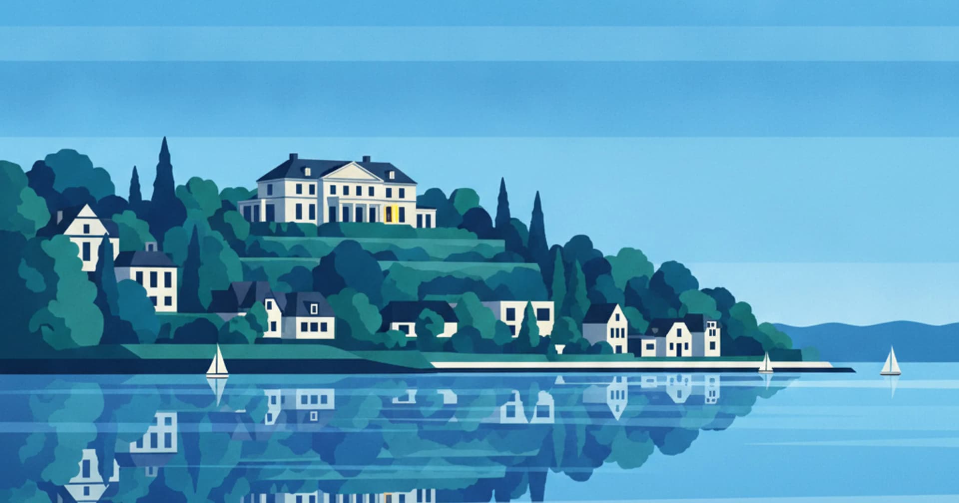 Klassizistische Kaufmannsvilla auf grünem Elbhang in Blankenese, weitere Häuser am Ufer und Segelboote, im Blau-Grün-Stil