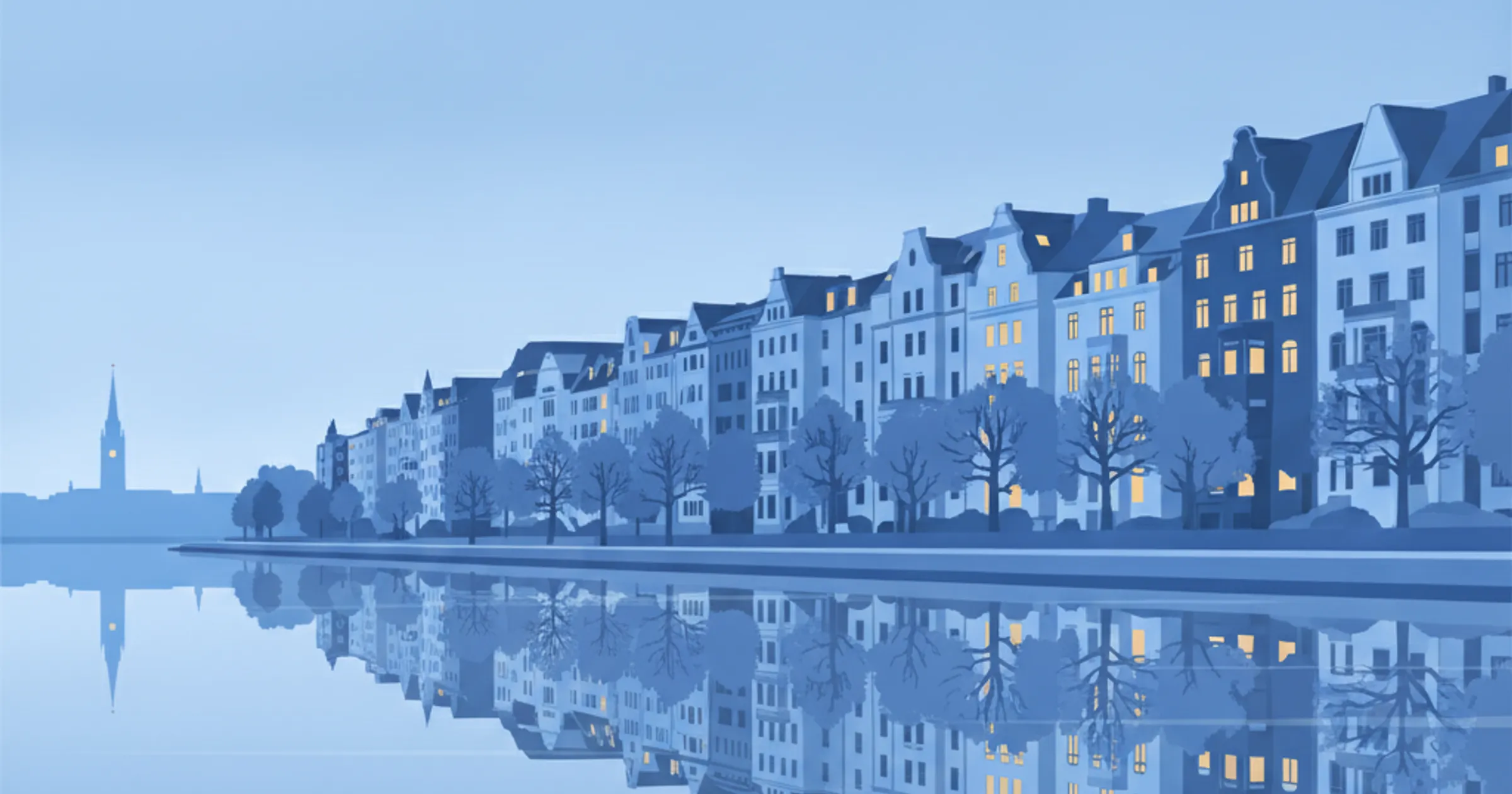 Blick über die Außenalster auf eine Gründerzeitzeile in Harvestehude, kahle Herbstbäume an der Uferpromenade, der Rathausturm klein am Horizont, Spiegelung im Wasser