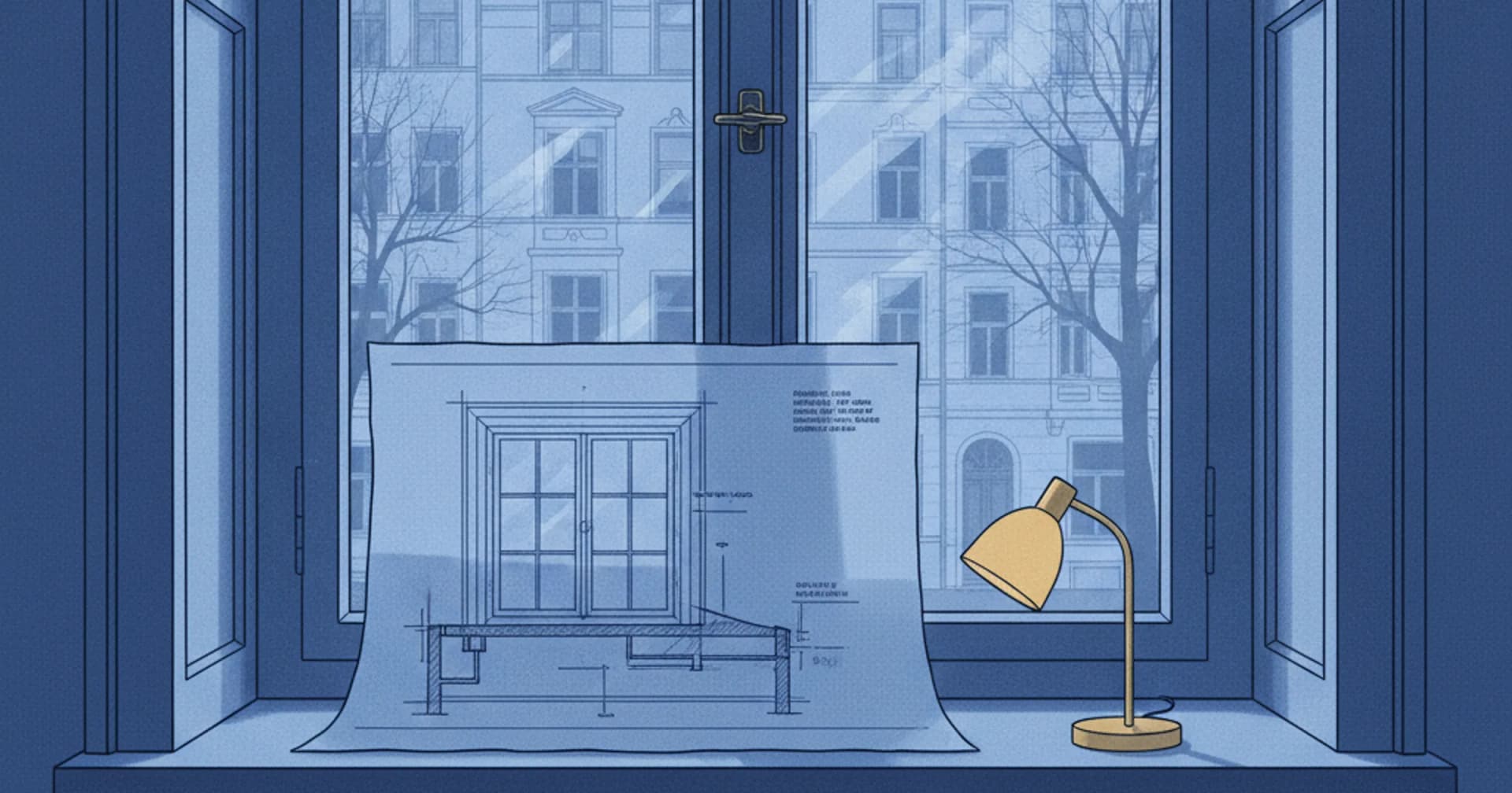 Bauzeichnung eines Kastenfensters auf der Fensterbank einer Hamburger Gründerzeitwohnung, dahinter die Nachbarfassade im Vormittagslicht