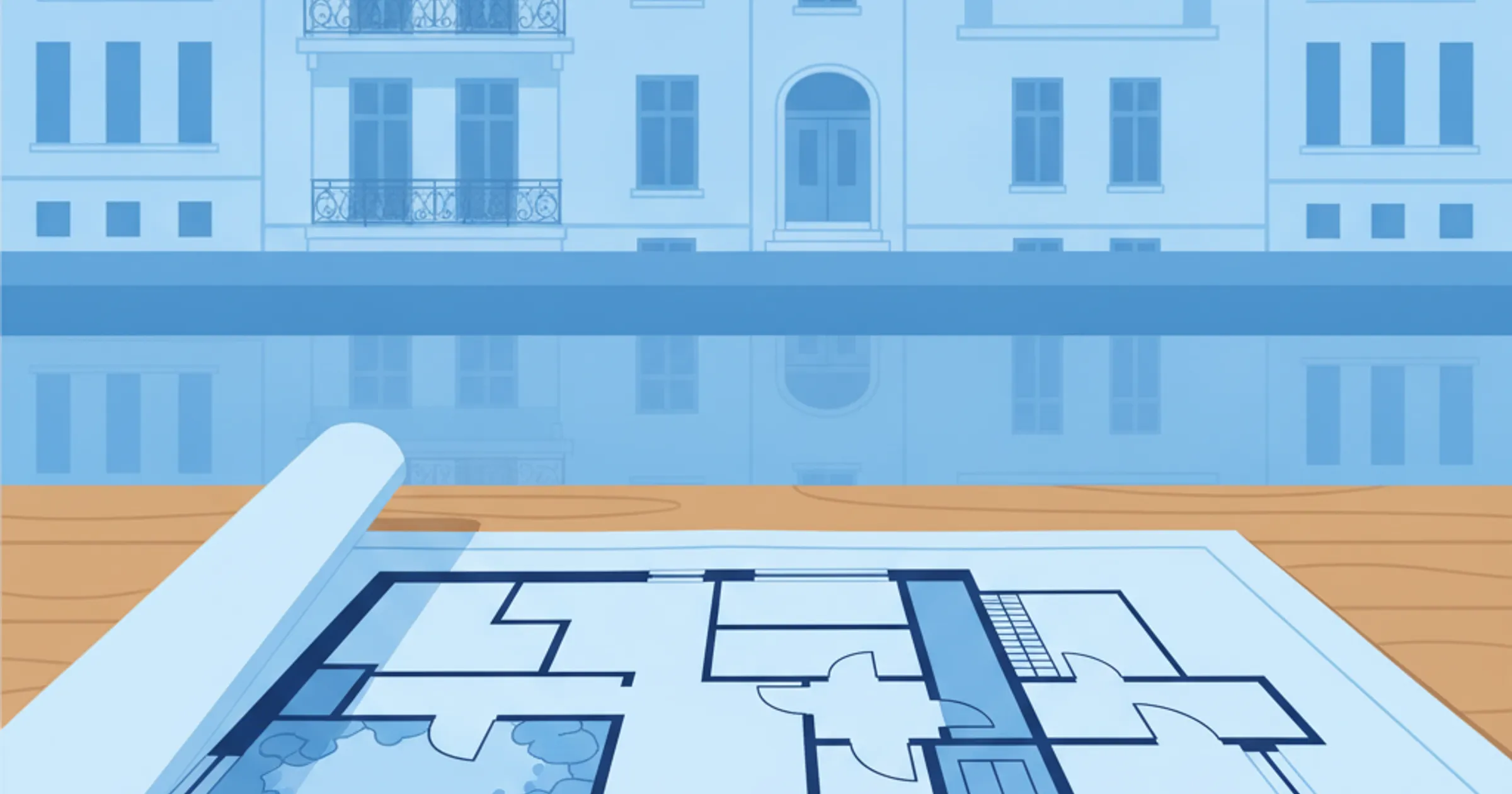 Hamburger Gründerzeitfassade mit Balkonen, gespiegelt im Alsterwasser, davor ein Wohnungsgrundriss mit Treppenhaus auf einem Holztisch