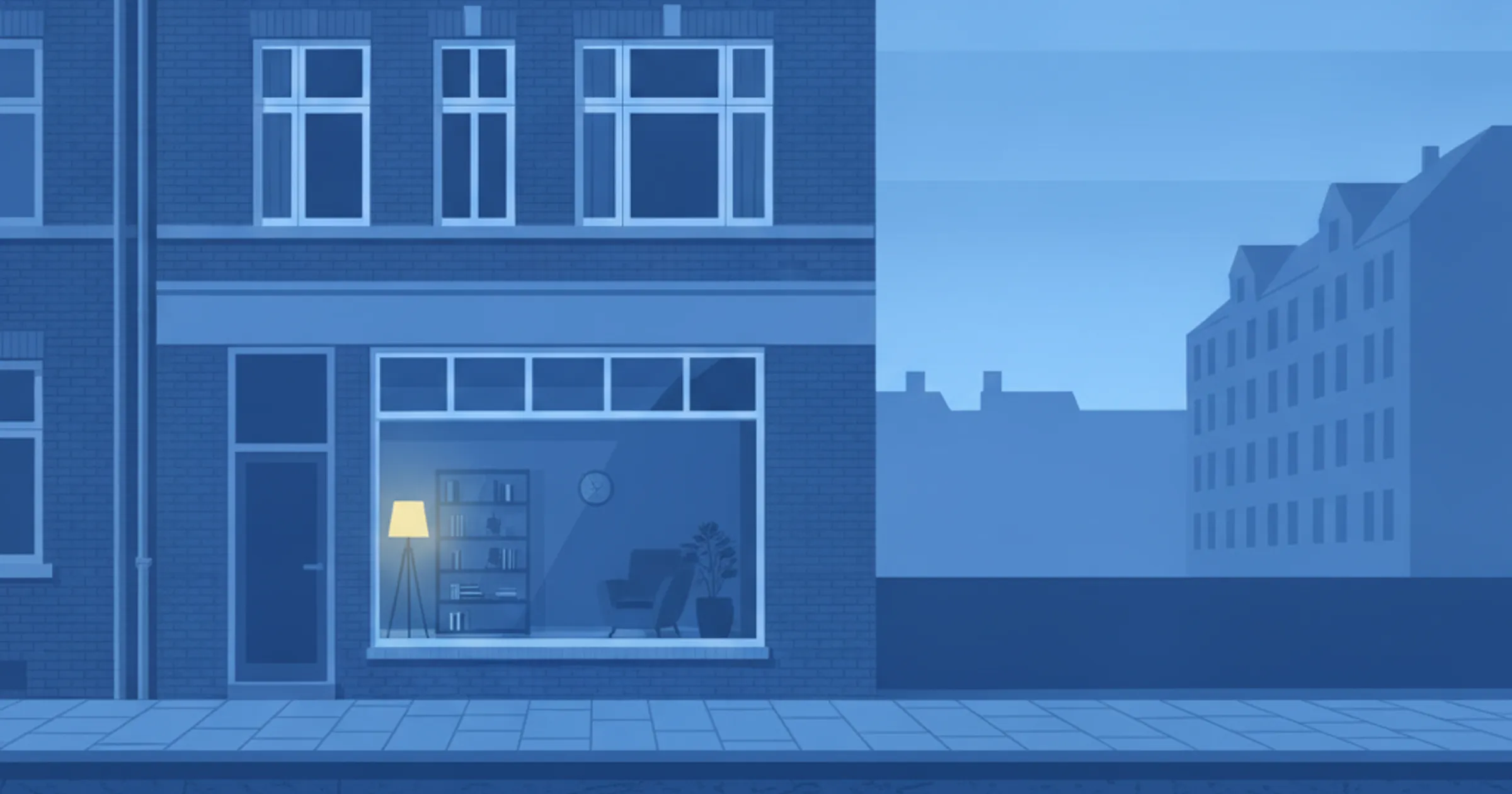 Illustration einer Hamburger Klinkerfassade: im Erdgeschoss ein Ladenlokal, hinter dessen Schaufenster ein Wohnraum mit Leselampe, Sessel und Bücherregal eingerichtet ist, darüber Wohnungen