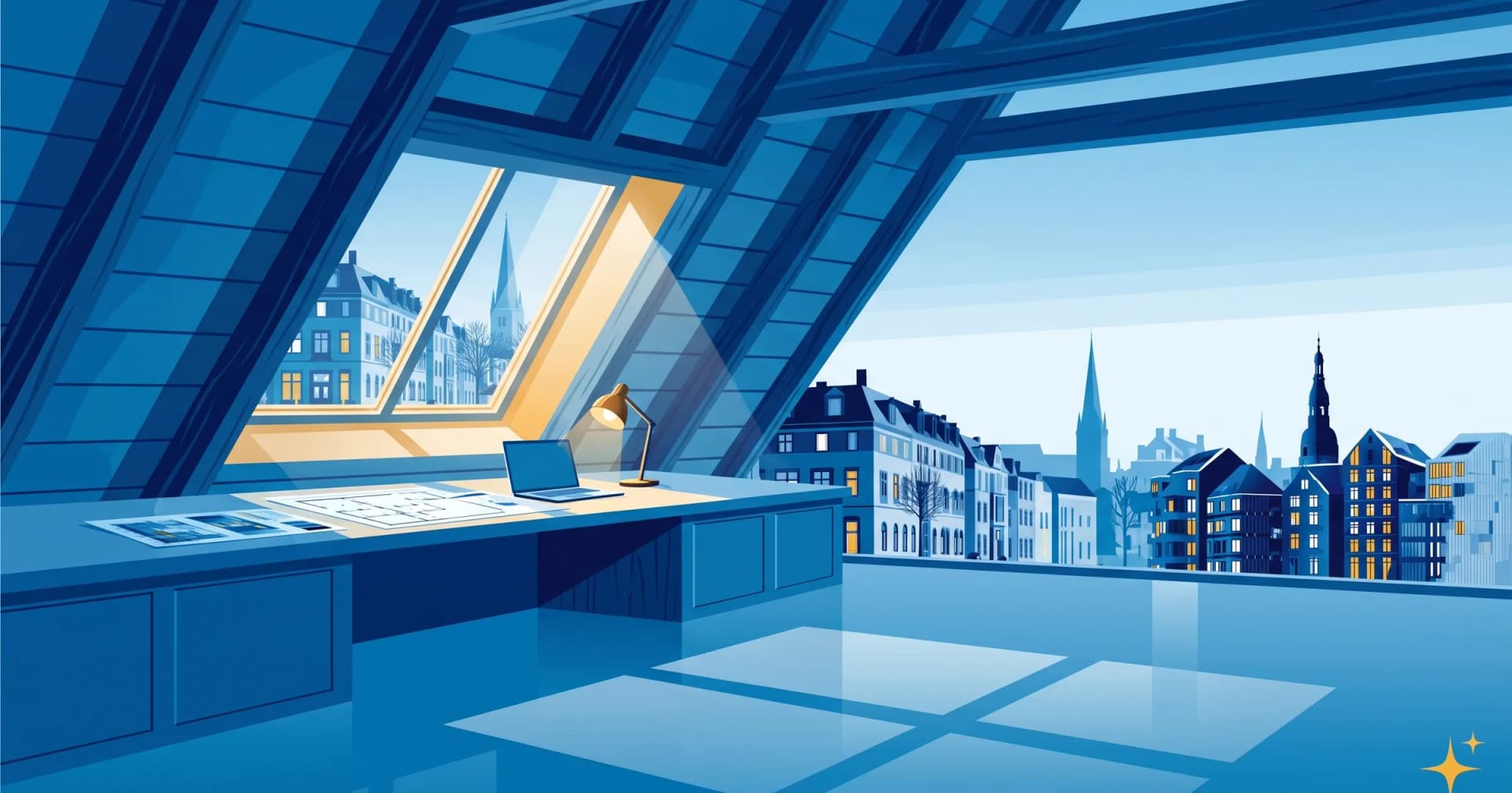 Dachgeschossraum unter der Schräge in einem Hamburger Gründerzeithaus, Schreibtisch mit Grundrissen am Gaubenfenster, Blick über die Dächer der Stadt, Vormittagslicht