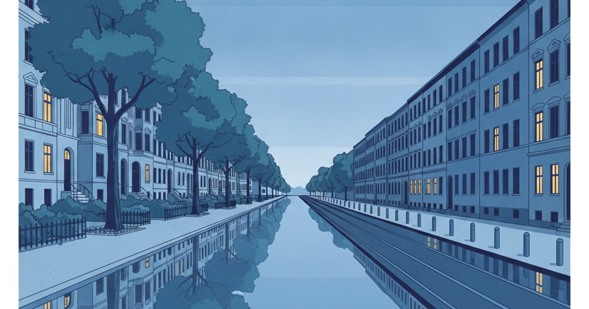Hamburger Gründerzeitstraße bei Tageslicht, links Baumreihe und Vorgärten, rechts die kahle Verkehrsachse mit Pollern und Schienen