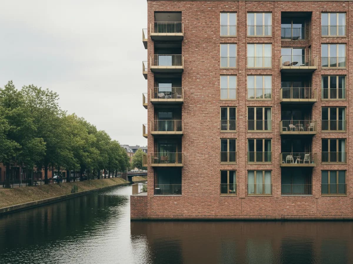 Klinkerfassade eines Wohnhauses am Osterbekkanal in Hamburg-Barmbek-Süd
