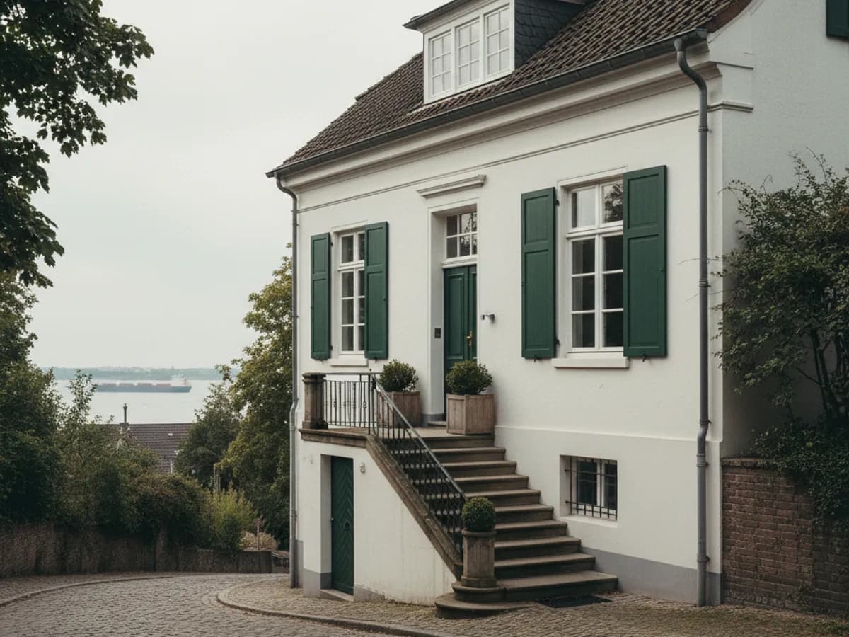 Weißes Kapitänshaus mit grünen Fensterläden am Elbhang in Hamburg-Blankenese