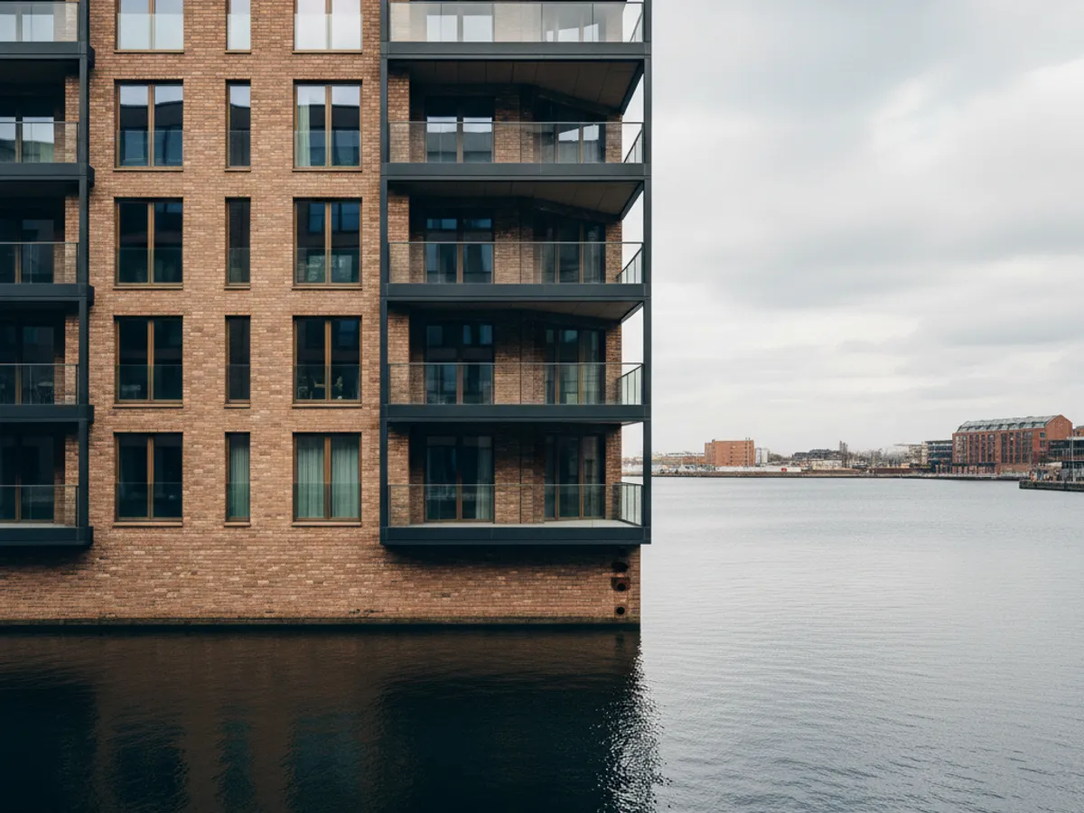 Moderne Backstein- und Glasfassade mit Balkonen am Wasser in der Hamburger HafenCity