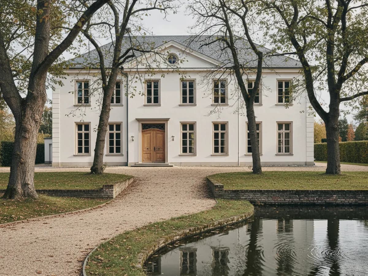 Klassische weiße Landhausfassade hinter altem Baumbestand in Hamburg-Nienstedten