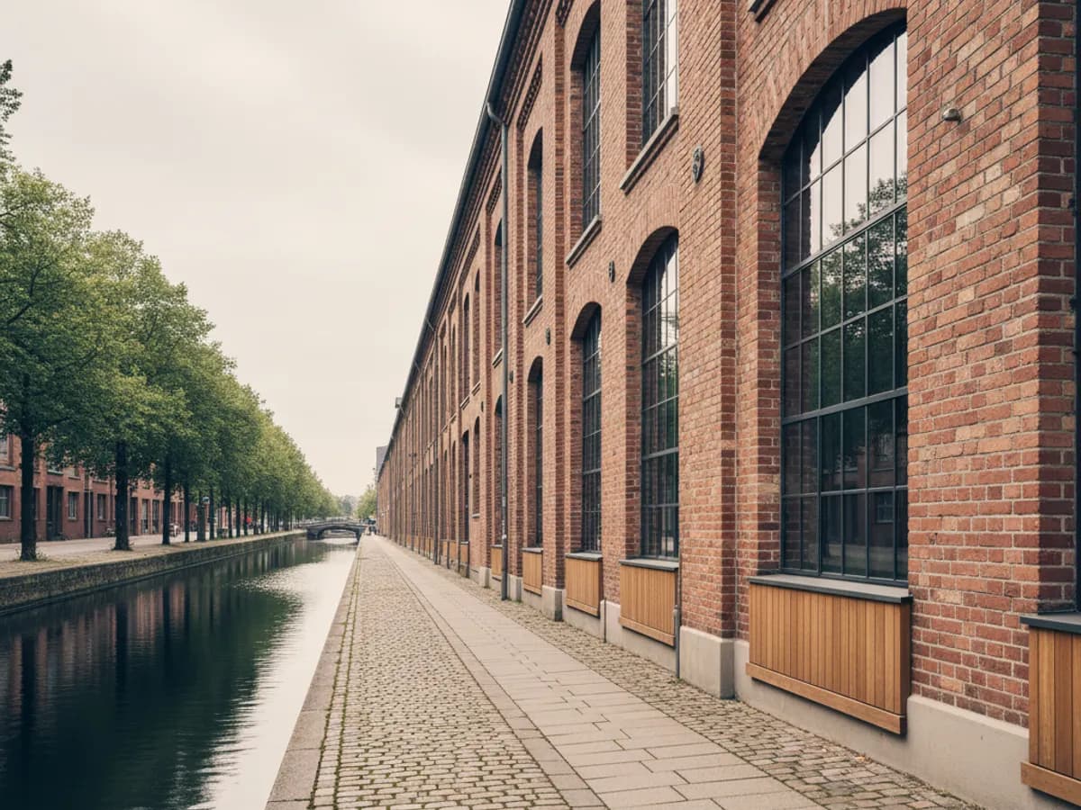 Restaurierte Klinkerfassade eines früheren Fabrikgebäudes am Kanal in Hamburg-Ottensen