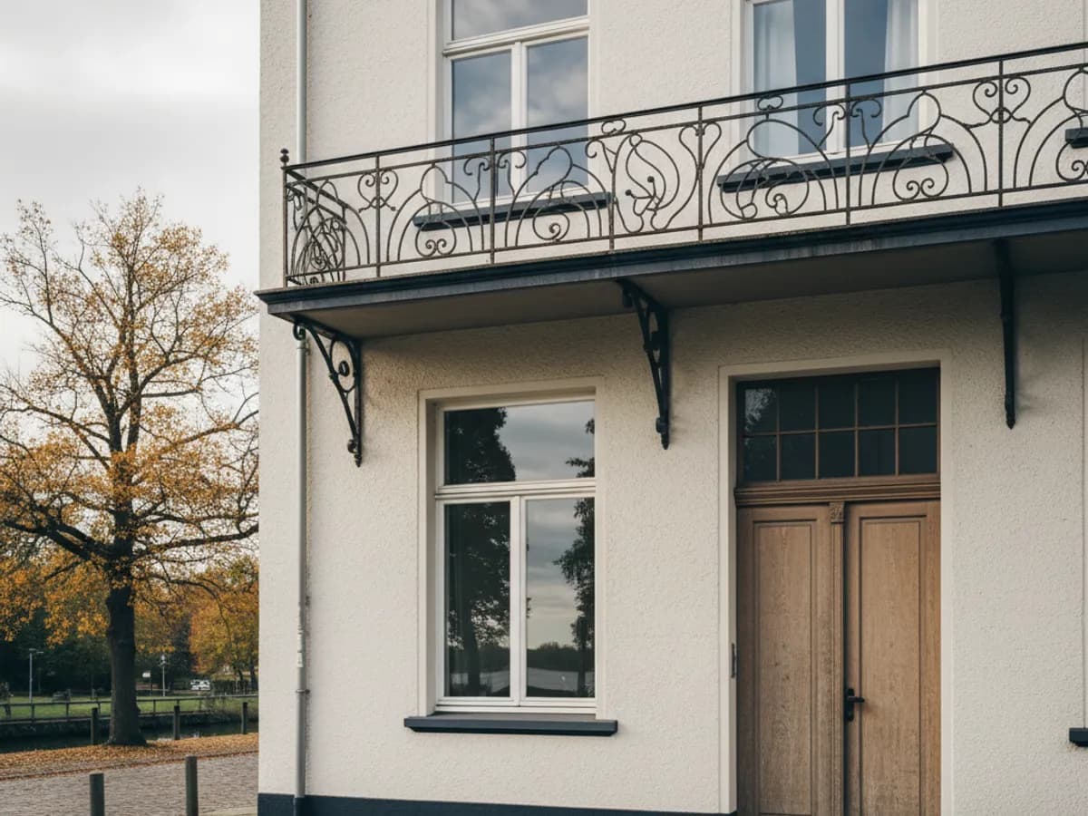Weiße Stadtvillenfassade mit schmiedeeisernem Balkon nahe der Alster in Hamburg-Uhlenhorst
