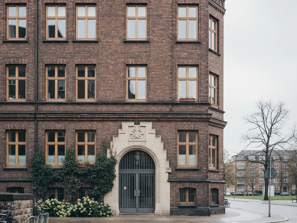 Backsteinfassade eines Wohnhauses der Jarrestadt in Hamburg-Winterhude