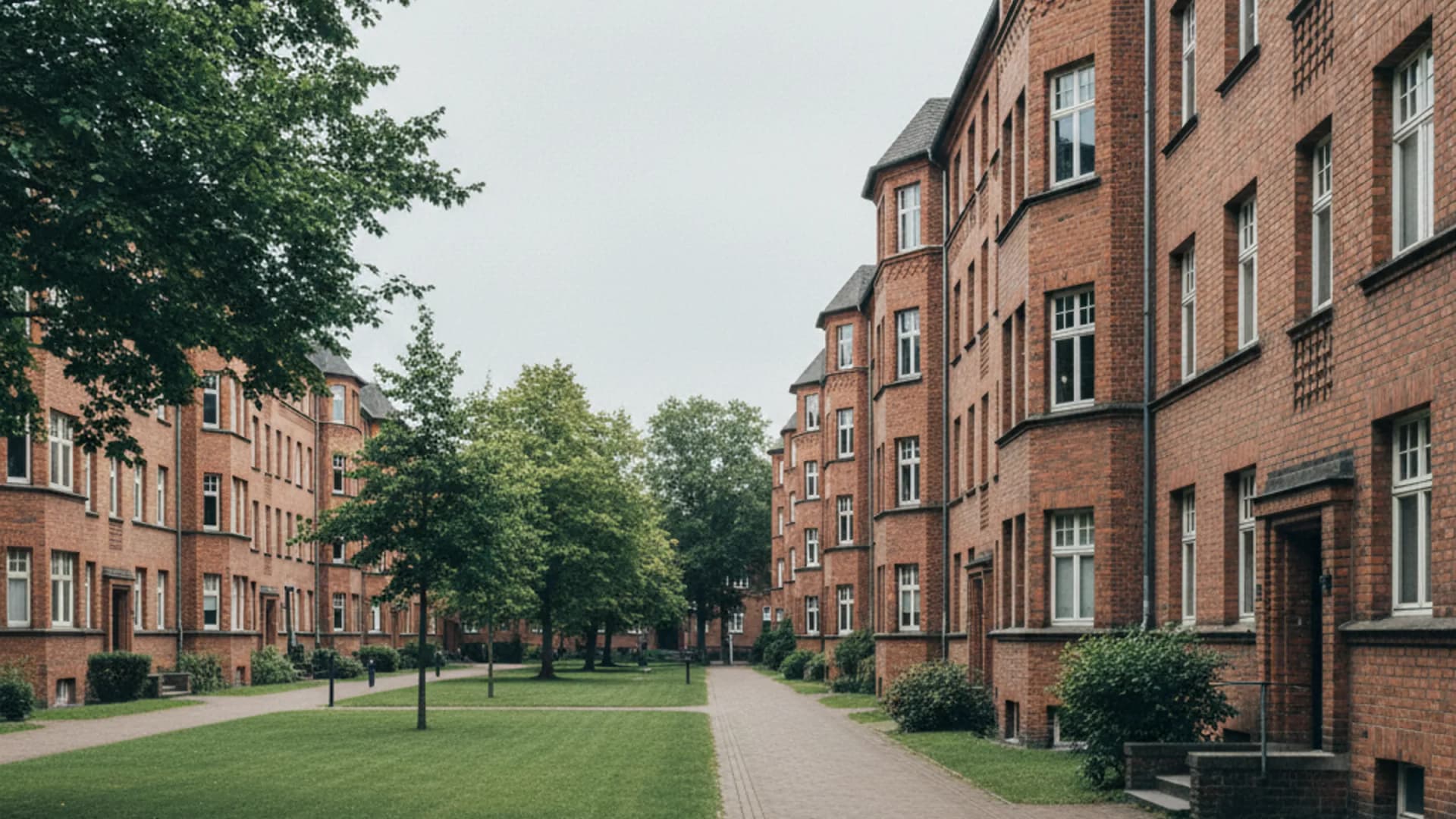 Backsteinquartier der zwanziger Jahre in Hamburg-Barmbek-Nord mit begrünten Höfen nahe dem Stadtpark