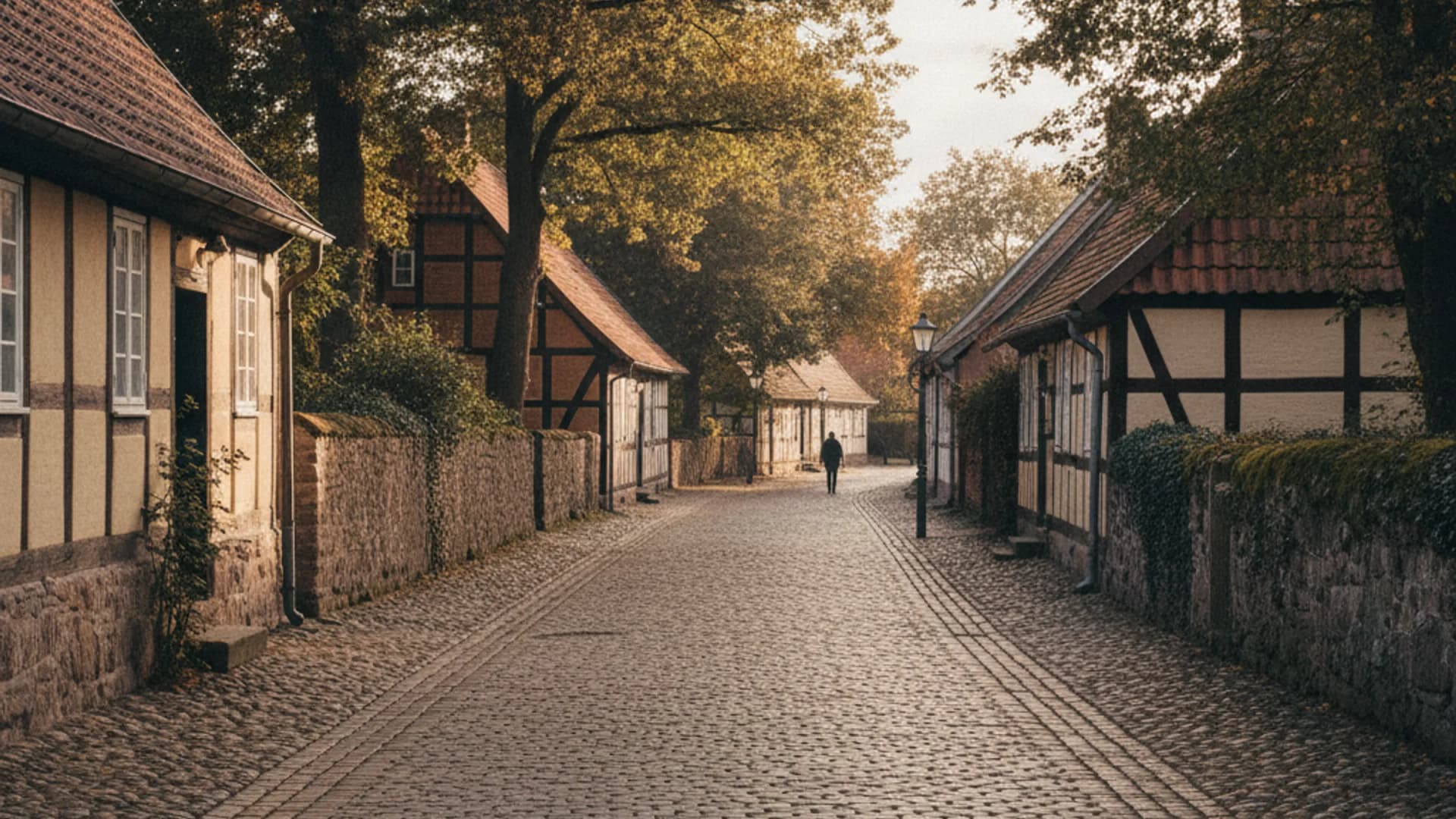 Dorfstraße mit alten Höfen und Bäumen im Kern von Hamburg-Marmstorf