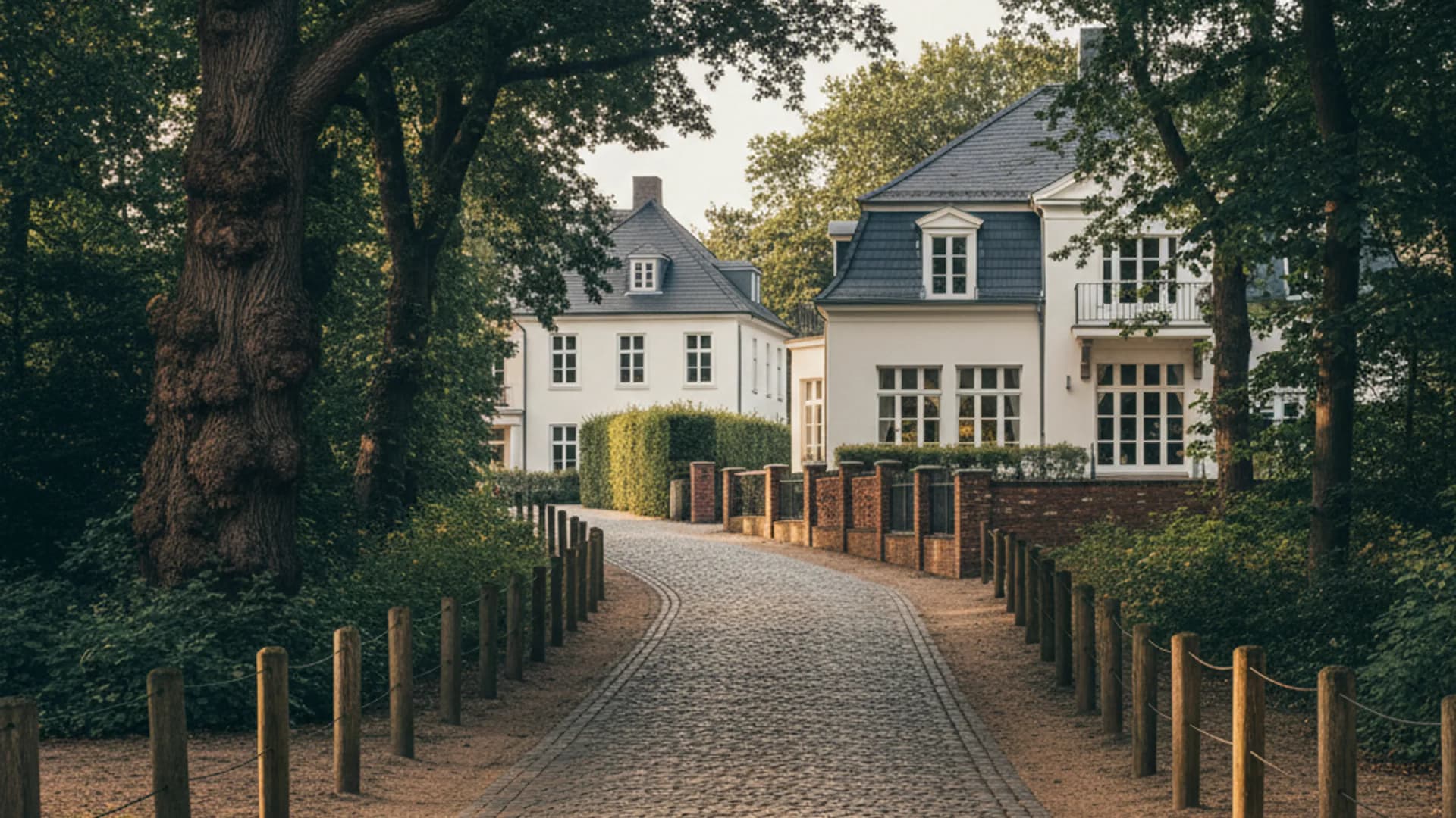 Weißes Landhaus hinter altem Baumbestand an einer Kopfsteinallee in Hamburg-Nienstedten nahe dem Jenischpark
