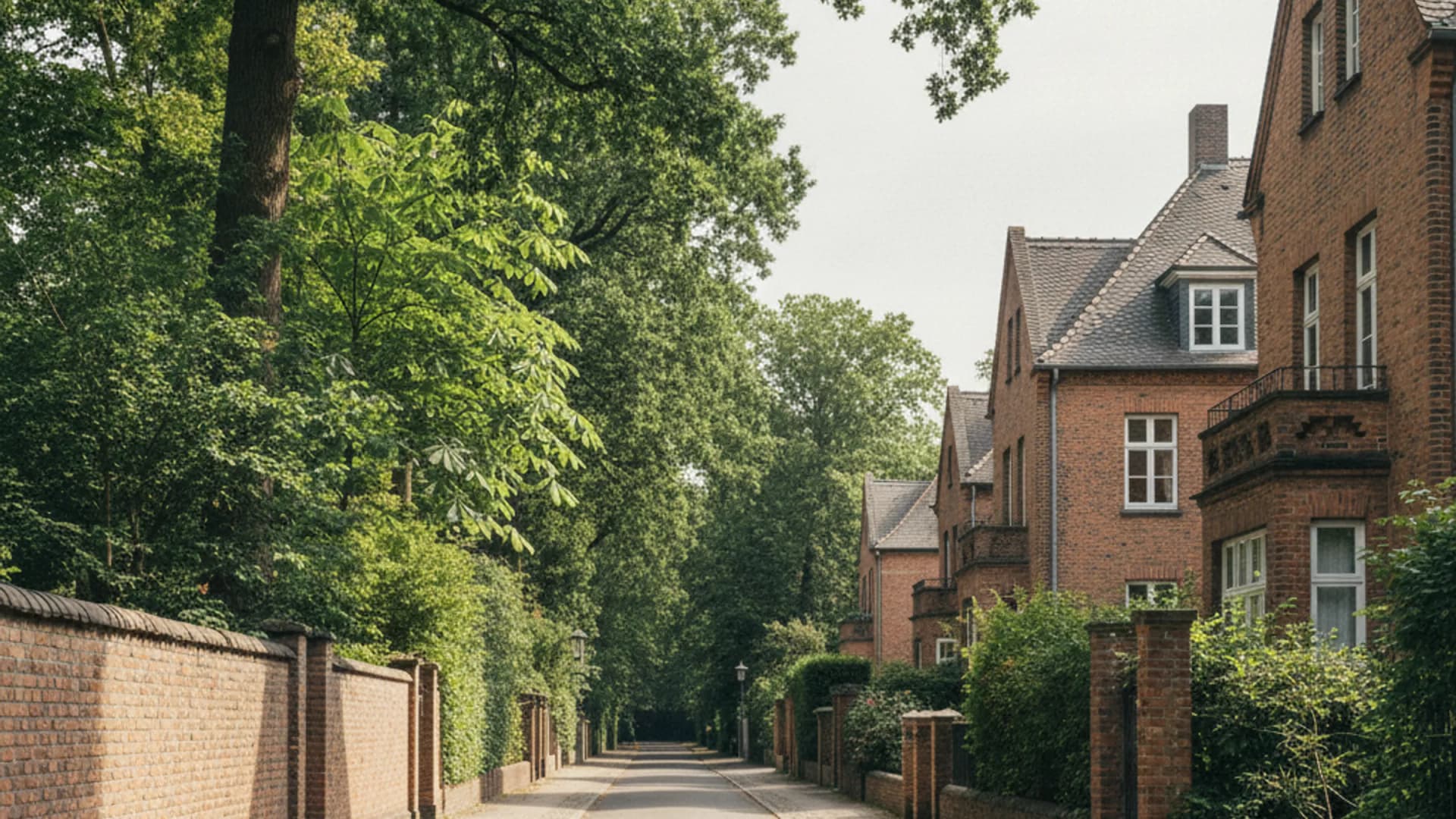 Backsteinvillen mit Gartenmauern an einer ruhigen Wohnstraße in Hamburg-Othmarschen nahe dem Jenischpark