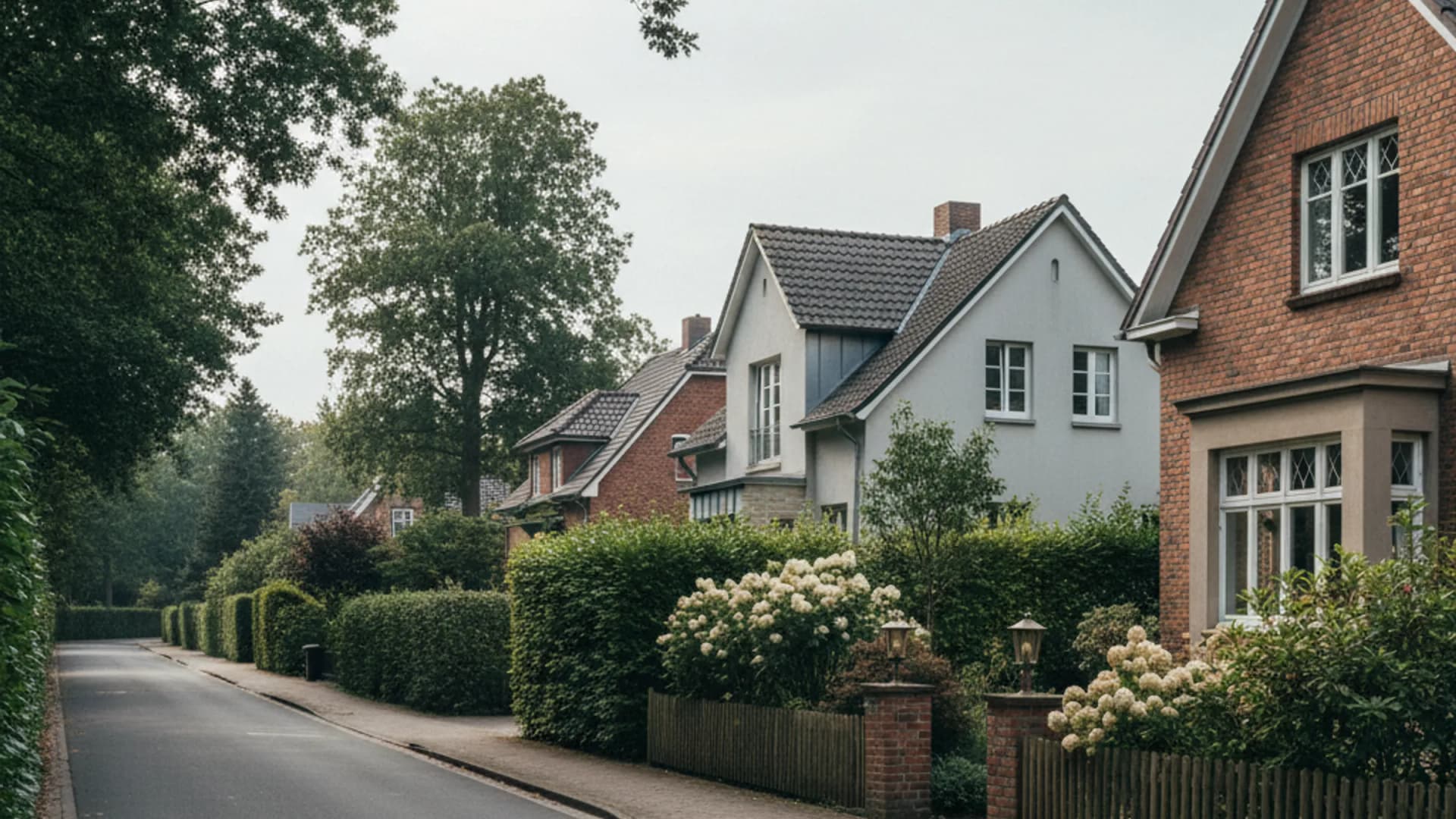 Ruhige Einfamilienhausstraße mit Vorgärten und Hecken in Hamburg-Rahlstedt