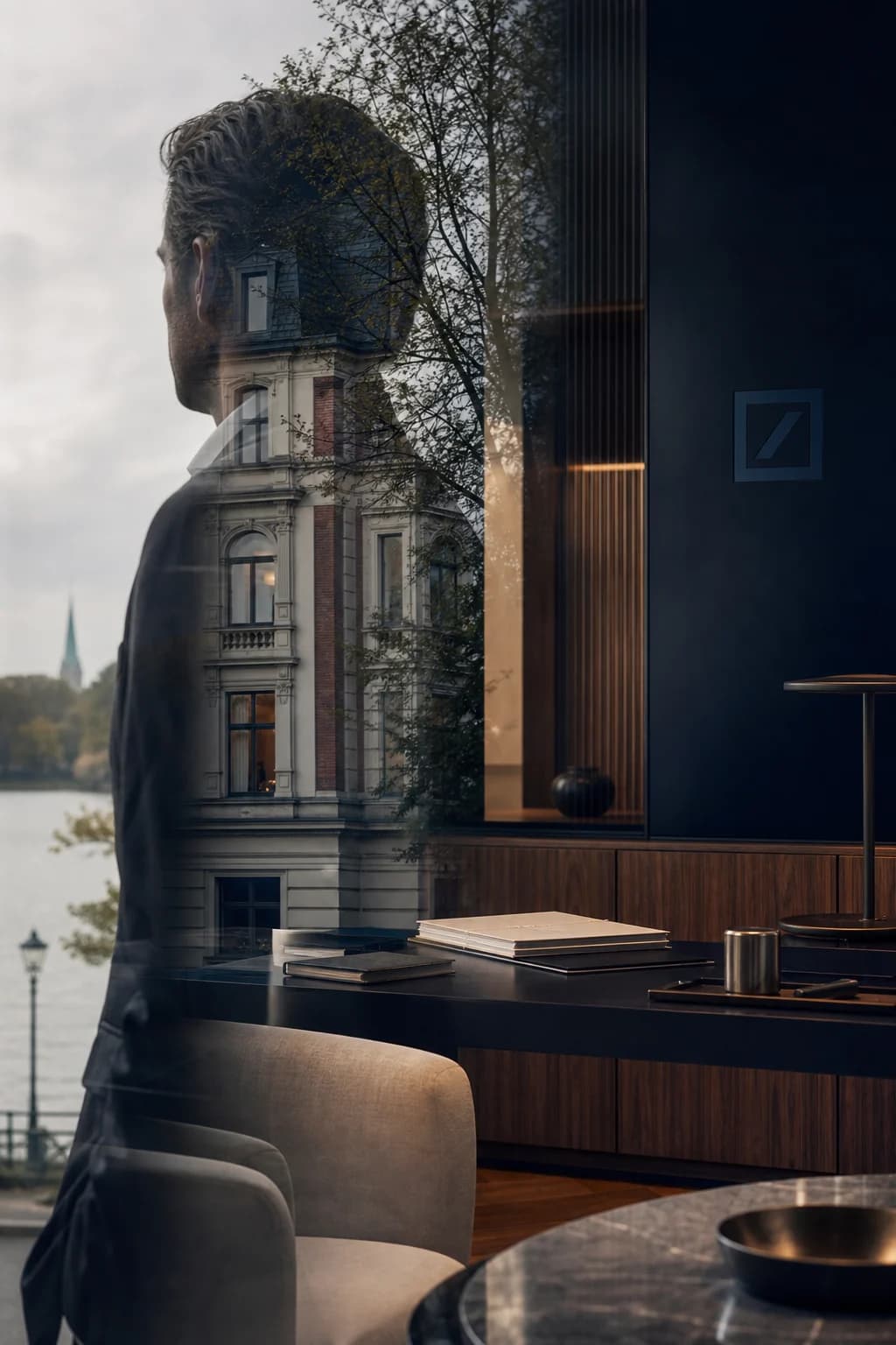 Doppelbelichtung einer Altbaufassade mit Alsterwasser